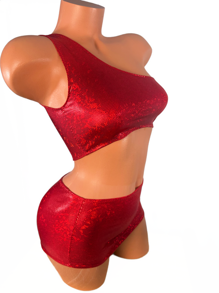 One Shoulder Red Shatterglass Micro Skirt Set