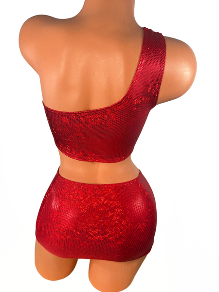 One Shoulder Red Shatterglass Micro Skirt Set