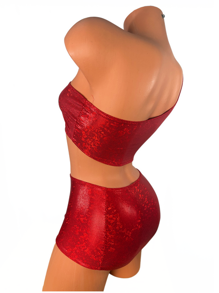 One Shoulder Red Shatterglass Micro Skirt Set