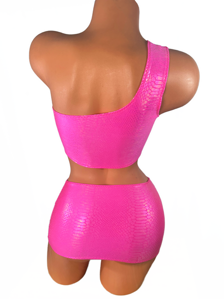 One Shoulder Neon Hot Pink Snake Print Micro Skirt Set