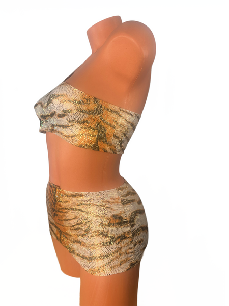 One Shoulder Tan Tiger Print Micro Skirt Set