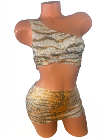 One Shoulder Tan Tiger Print Micro Skirt Set