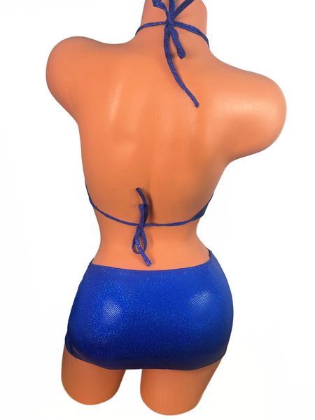 Two piece Halter Mini skirt set Navy Blue Metallic Dot