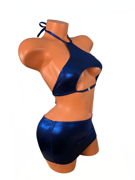 Two piece Halter Mini skirt set Blue Metallic Crystal Detail