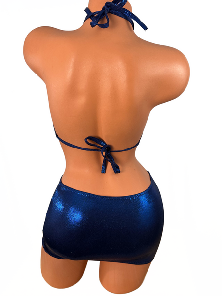 Two piece Halter Mini skirt set Blue Metallic Crystal Detail