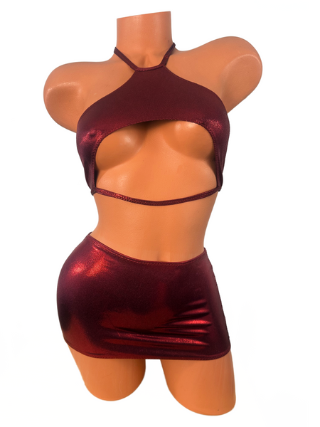 Two piece Halter Mini skirt set Burgundy Metallic