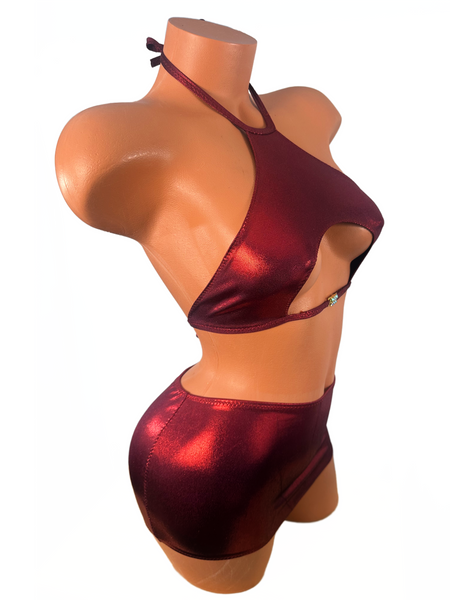 Two piece Halter Mini skirt set Burgundy Metallic Crystal Detail