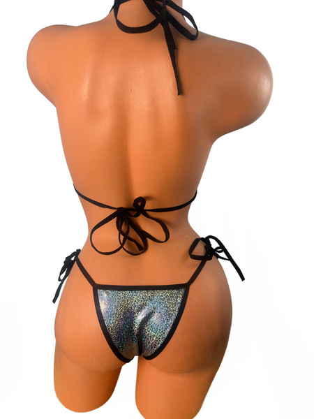 Silver sparkle on Black Scrunch bottom micro string bikini