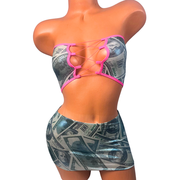 3 Piece Tube Top Skirt Set Silver Money Print