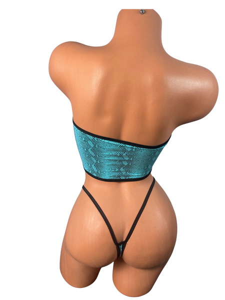 3 Piece Tube Top Skirt Set Aqua Snake Print