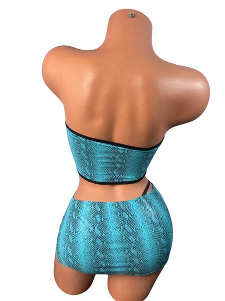 3 Piece Tube Top Skirt Set Aqua Snake Print
