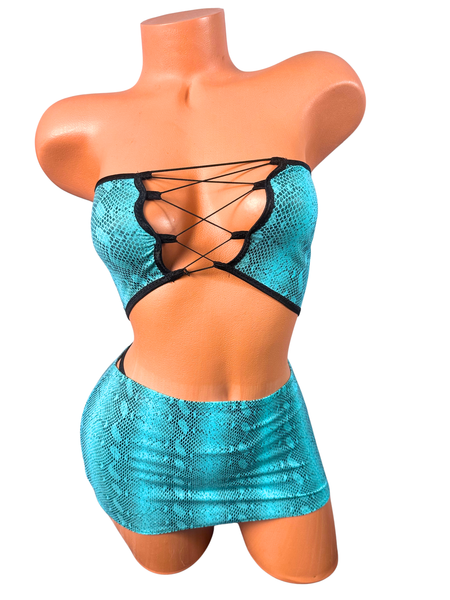 3 Piece Tube Top Skirt Set Aqua Snake Print