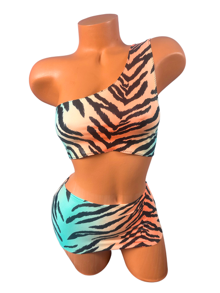 One Shoulder Multicolor Tiger Print Micro Skirt Set