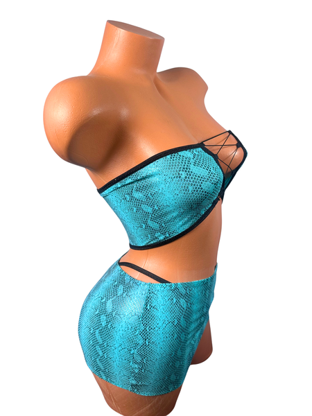 3 Piece Tube Top Skirt Set Aqua Snake Print