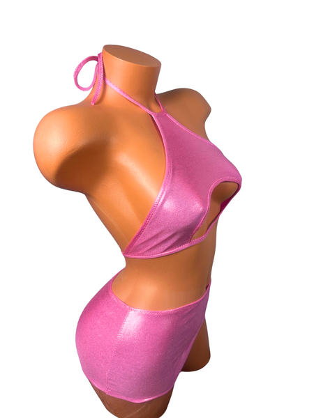 Two piece Halter Mini skirt set Metallic Baby Pink