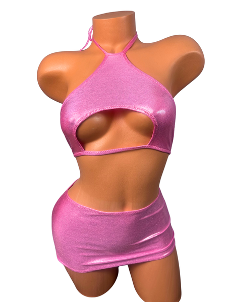 Two piece Halter Mini skirt set Metallic Baby Pink