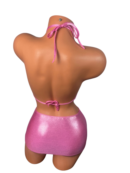 Two piece Halter Mini skirt set Metallic Baby Pink