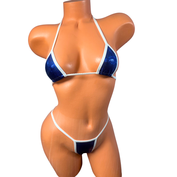 Metallic Navy Sparkle White trim Slim Front thong Bikini