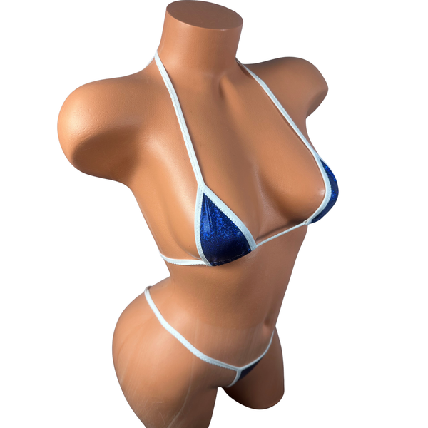 Metallic Navy Sparkle White trim Slim Front thong Bikini