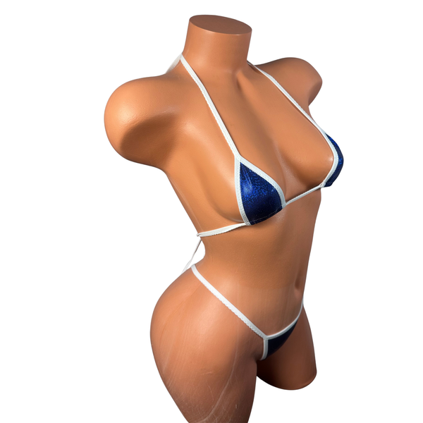 Navy Blue white trim metallic wide front thong bikini
