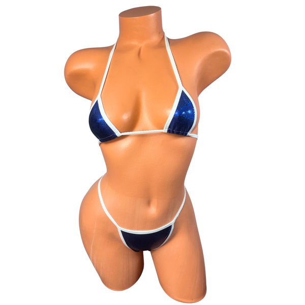 Navy Blue white trim metallic wide front thong bikini