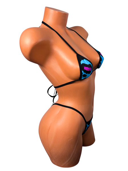 Blue Hot Pink Leopard wide front thong bikini