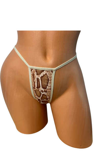 Matte Tan Snake Print Metallic Thong Bikini