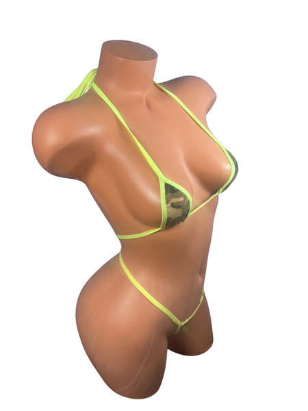 Extreme Micro Bikini Set – Barely There Bottom Olive Camouflage Neon Yellow Trim