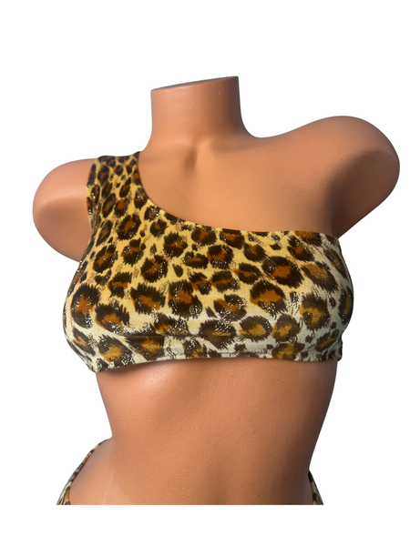 One Shoulder Velvet leopard / Gold Print Micro Skirt Set