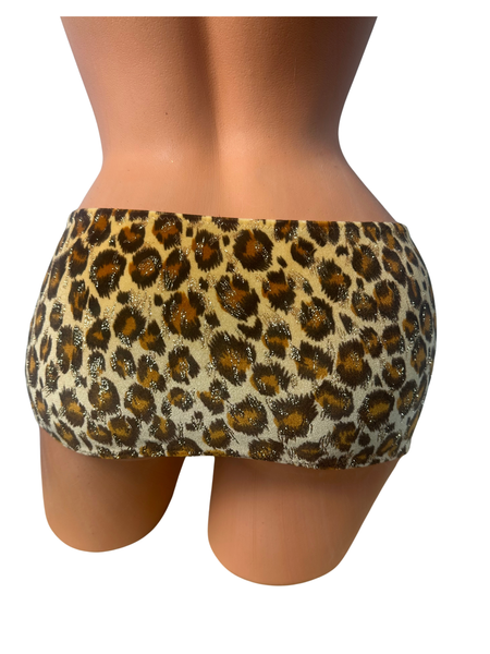 One Shoulder Velvet leopard / Gold Print Micro Skirt Set