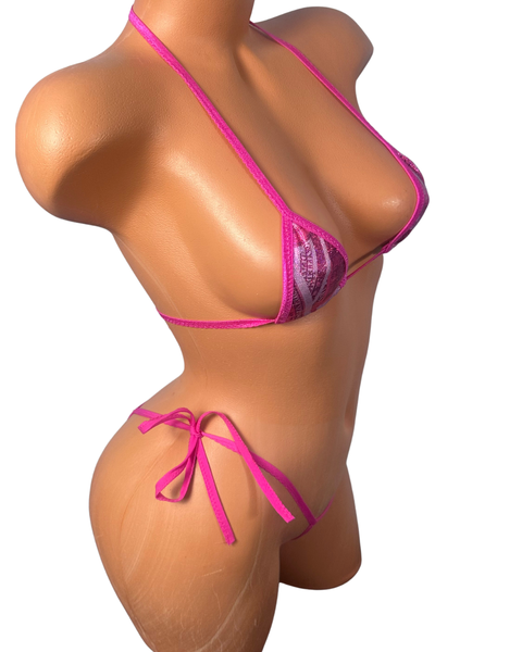 Metallic Hot Pink  Micro Bikini: Cheeky String Tie Swimsuit