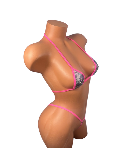 AB Crystal Silver Holographic Money Print Thong Bikini