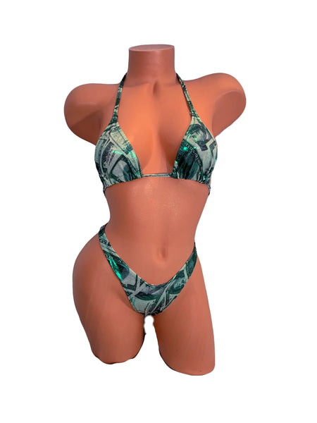 Money Green 100 dollar metallic Brazilian Micro Cut Bikini