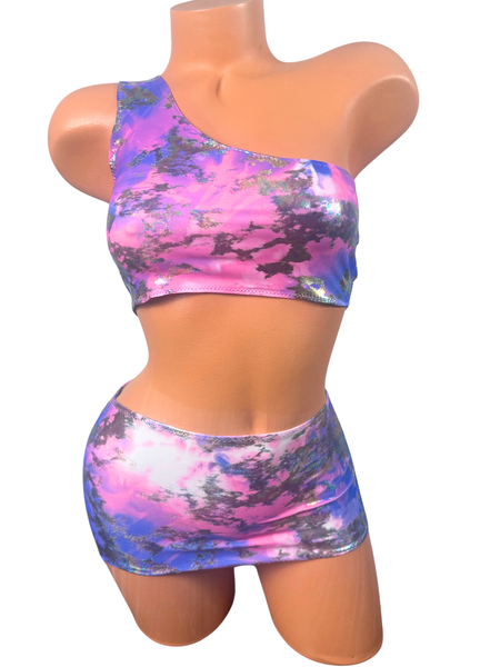 One Shoulder Multicolor Foil Micro Skirt Set