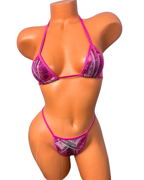 Metallic Pink Money Print Wide Front thong bikini