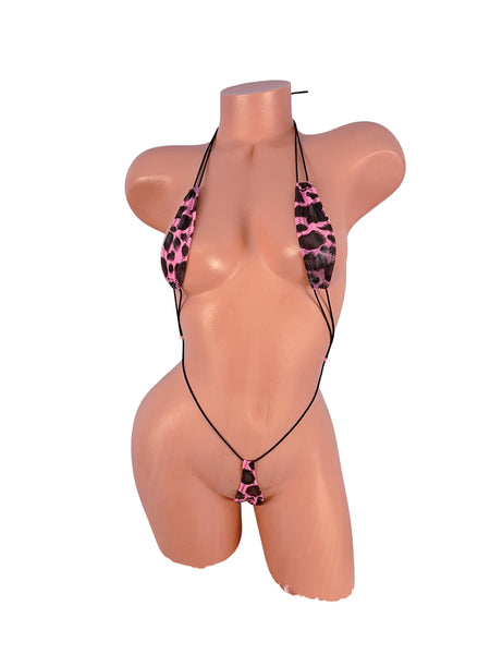 Pink Cow Print Micro Slingshot Bikini, Adjustable Super Sexy Fit