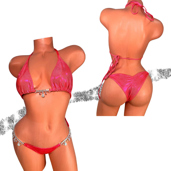 Salmon Pink on Red Metallic Scrunch Butt Bikini