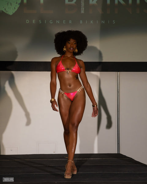 Salmon Pink on Red Metallic Scrunch Butt Bikini