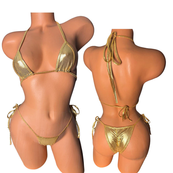 Gold Foil Micro Bikini: Cheeky String Tie Swimsuit