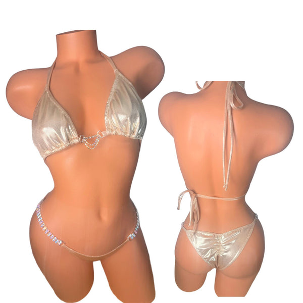 Champagne Gold Crystal Connector Bikini: Brazilian Cut Scrunch Butt