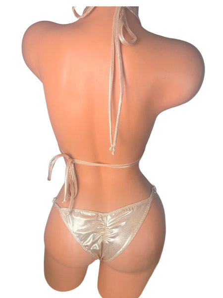Champagne Gold Crystal Connector Bikini: Brazilian Cut Scrunch Butt