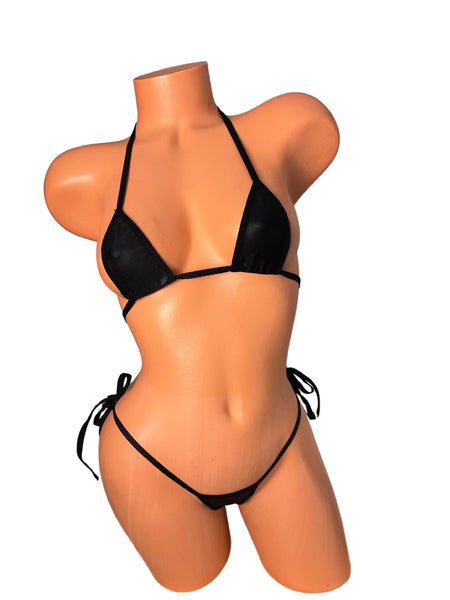 Black Micro Bikini: Matte Leather-Like String Tie Swimsuit