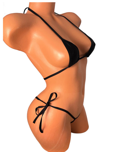 Black Micro Bikini: Matte Leather-Like String Tie Swimsuit