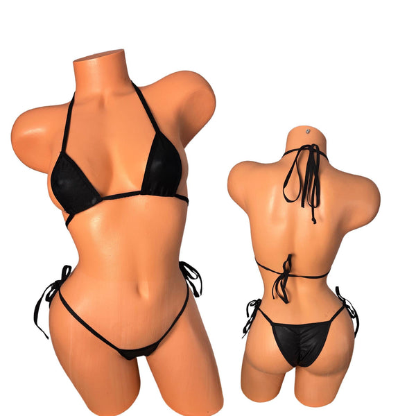 Black Micro Bikini: Matte Leather-Like String Tie Swimsuit