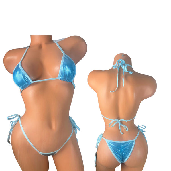 Metallic Micro Bikini: Ice Blue String Tie Swimsuit