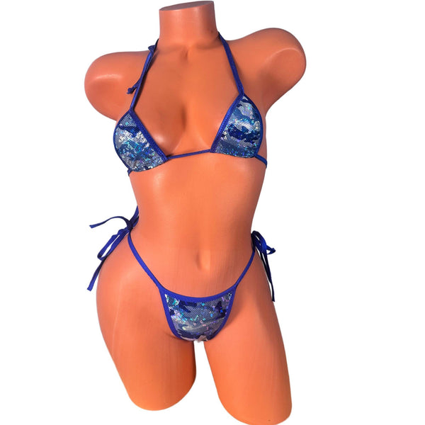 Handmade Blue Camo Metallic Micro Thong Bikini Set