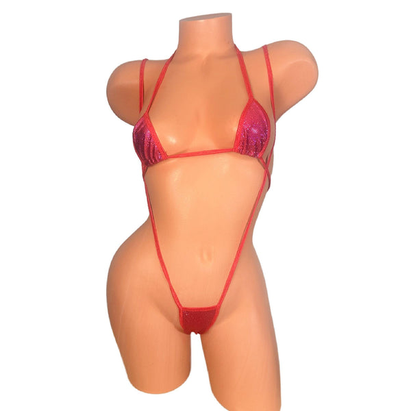 Fuchsia Red Spandex Two piece Slingshot Bikini