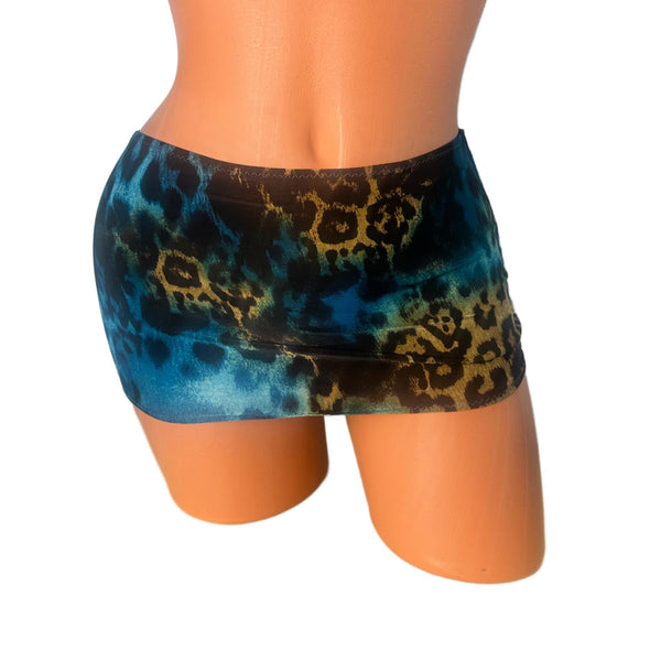 Blue Brown Animal Print Knit Micro Mini Skirt, Exotic Dance Wear
