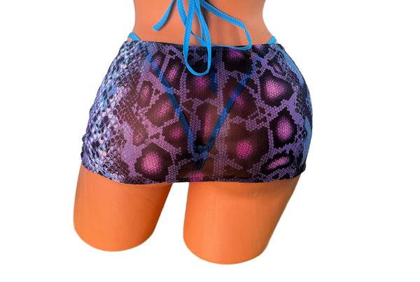 Blue Purple sheer Animal Print Knit Micro Mini Skirt, Exotic Dance Wear