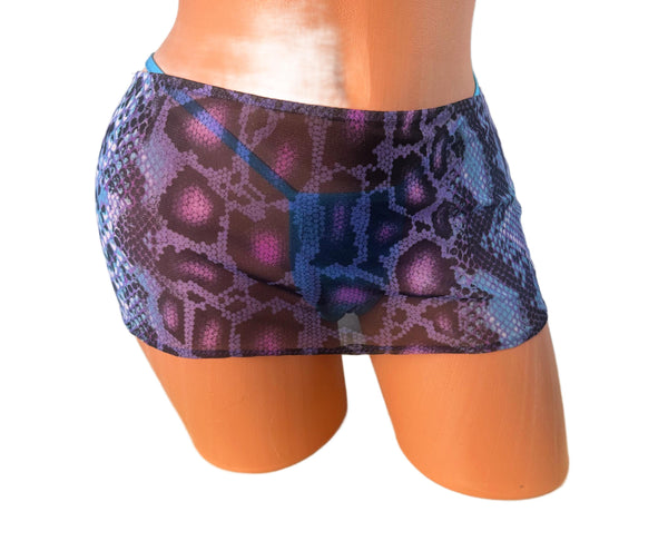 Blue Purple sheer Animal Print Knit Micro Mini Skirt, Exotic Dance Wear